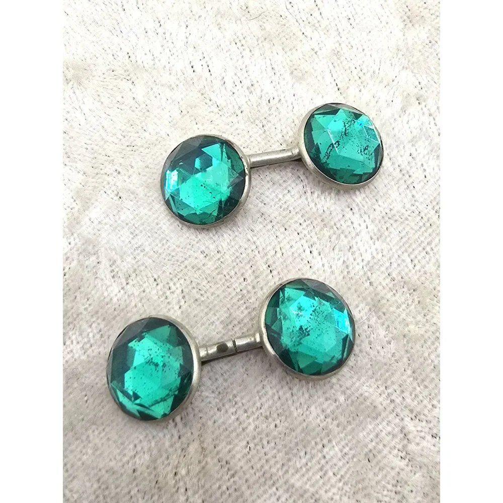 Vintage Green Glass Cufflinks Emerald Color Double Sided Silver Tone Unisex